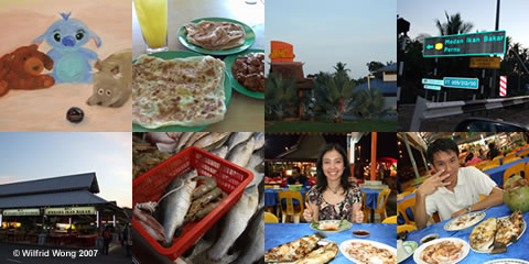 Caption from left to right, top to bottom: (1) My 9th oil painting, (2) My roti prata lunch, (3) If you see this landmark, turn right!, (4) If you see this sign, congratulations, (5) That seafood place, (6) Our dinner, (7) Cynthia was happy with her food, (8) Me too and a secret sign that only Cynthia knows