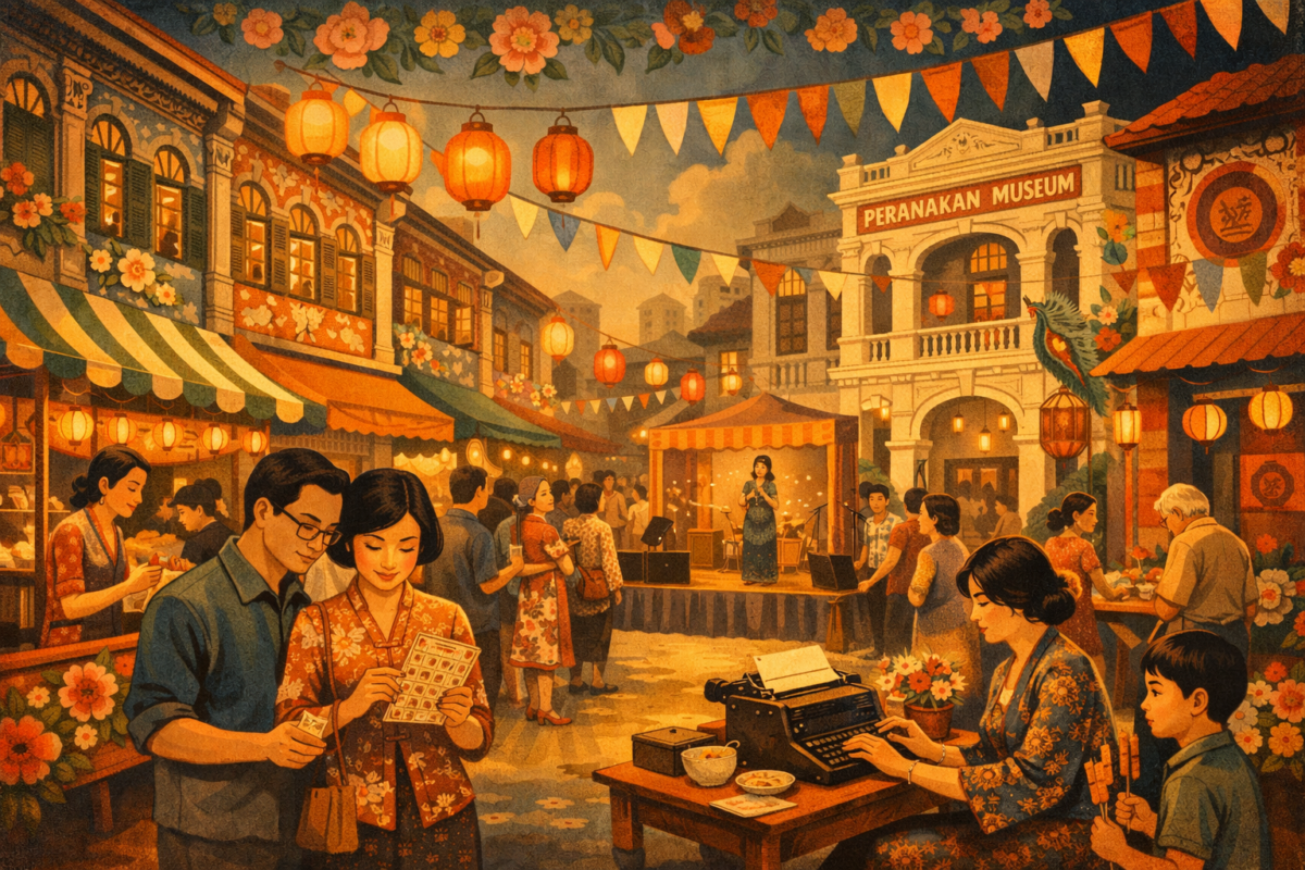 Illustrated Peranakan street party with lanterns, food stalls and people celebrating under soft evening light.