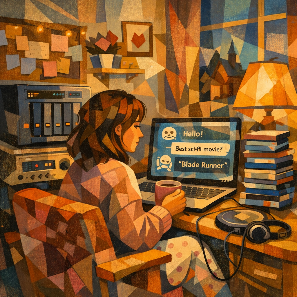 Illustration of a person restoring an old NAS and chatting with an AI assistant in a cosy, retro‑styled room.