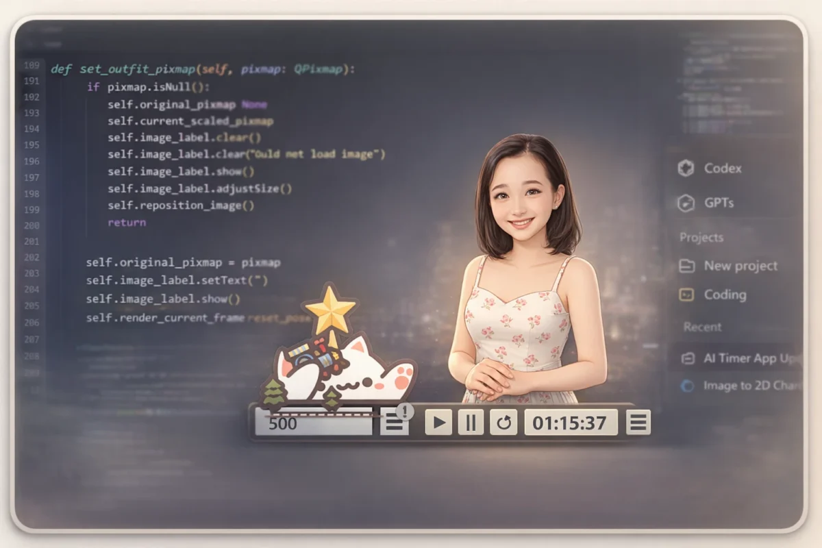 A desktop screenshot showing Python code in Visual Studio Code, a blurred ChatGPT interface, and a floating timer app with a female character and Bongo Cat overlay.