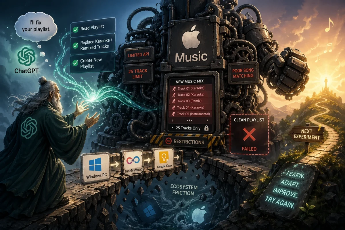 A sage-like AI figure attempts to repair a giant Apple Music machine labelled with limitations like “25 track limit” and “poor song matching”, symbolising frustration with playlist automation.