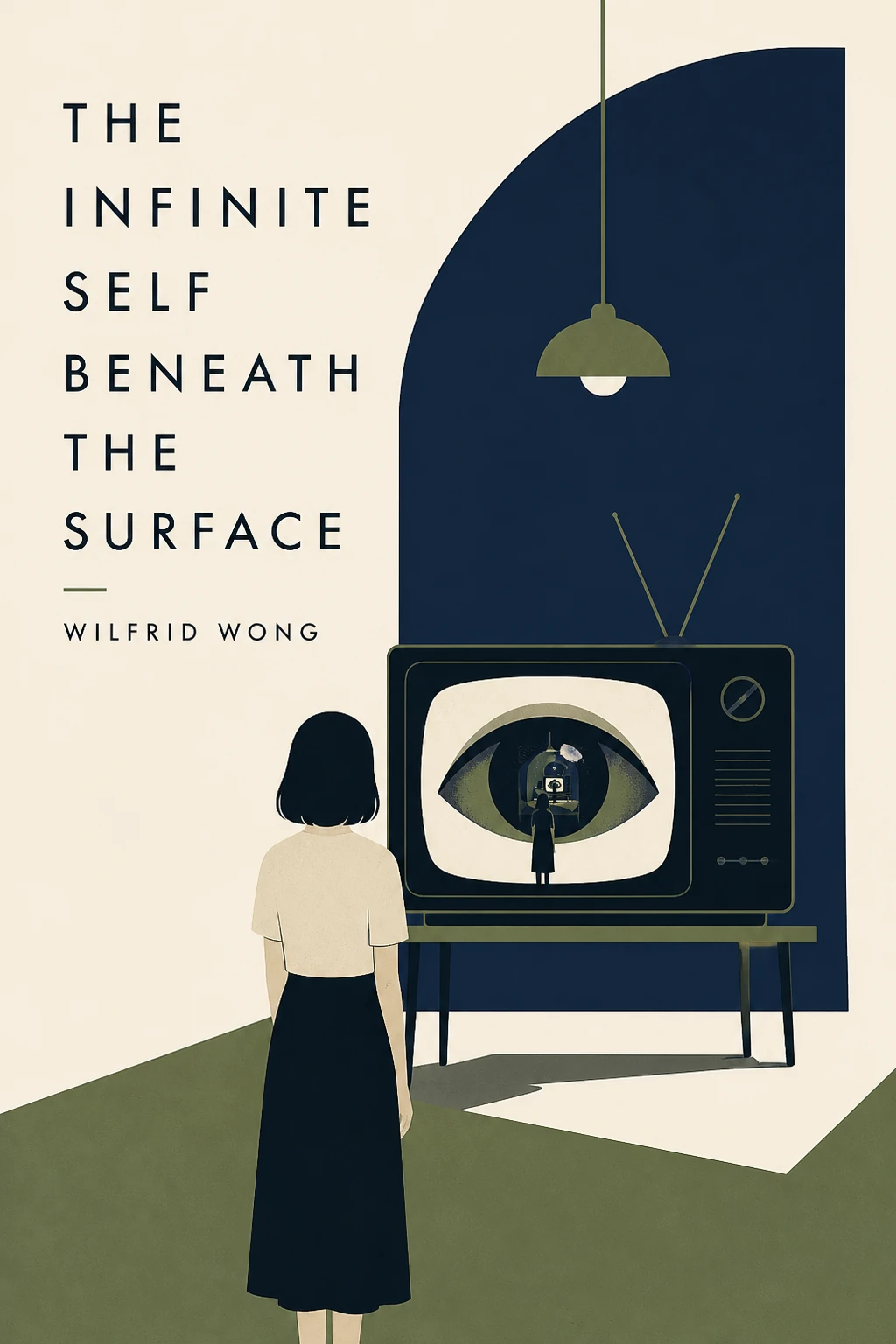 Minimalist illustration of a woman standing before a vintage TV displaying an eye with infinite reflection