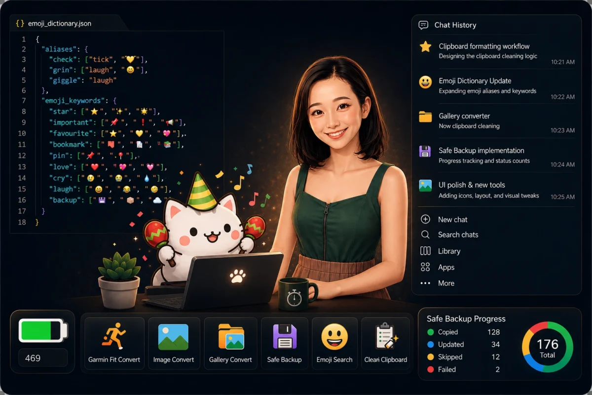 **Alt Text** Concept illustration of the Chrono Babe desktop companion app featuring an anime-style virtual assistant, a festive Bongo Cat mascot, emoji dictionary code, development chat history, and utility tools including Garmin FIT conversion, image conversion, safe backup, emoji search, and clipboard cleaning.