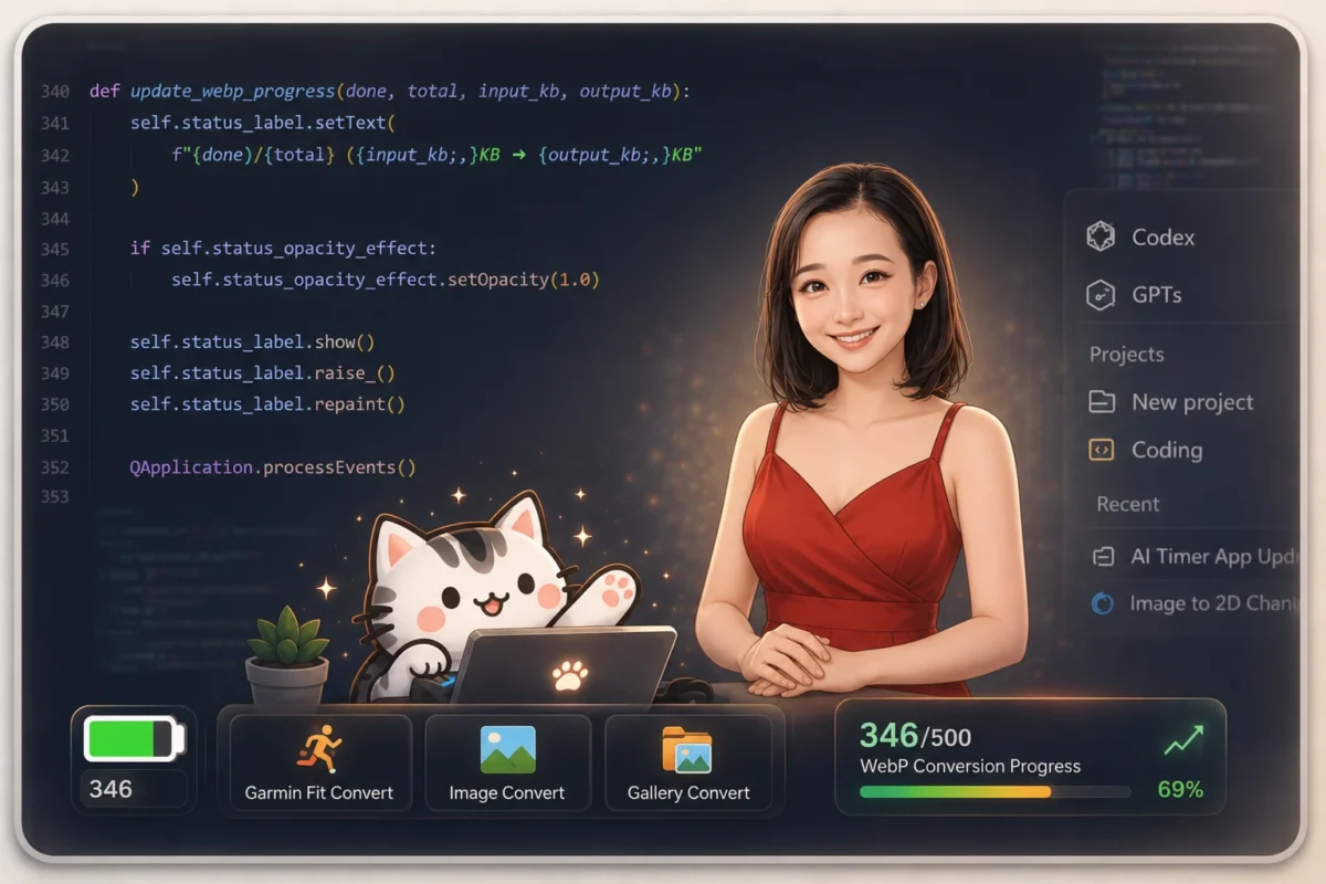 Concept artwork for the Chrono Babe desktop companion app, showing an anime-style virtual assistant in a red dress beside a refreshed Bongo Cat mascot, with Python code and Chrono Babe conversion tools displayed in a futuristic dark-themed interface.