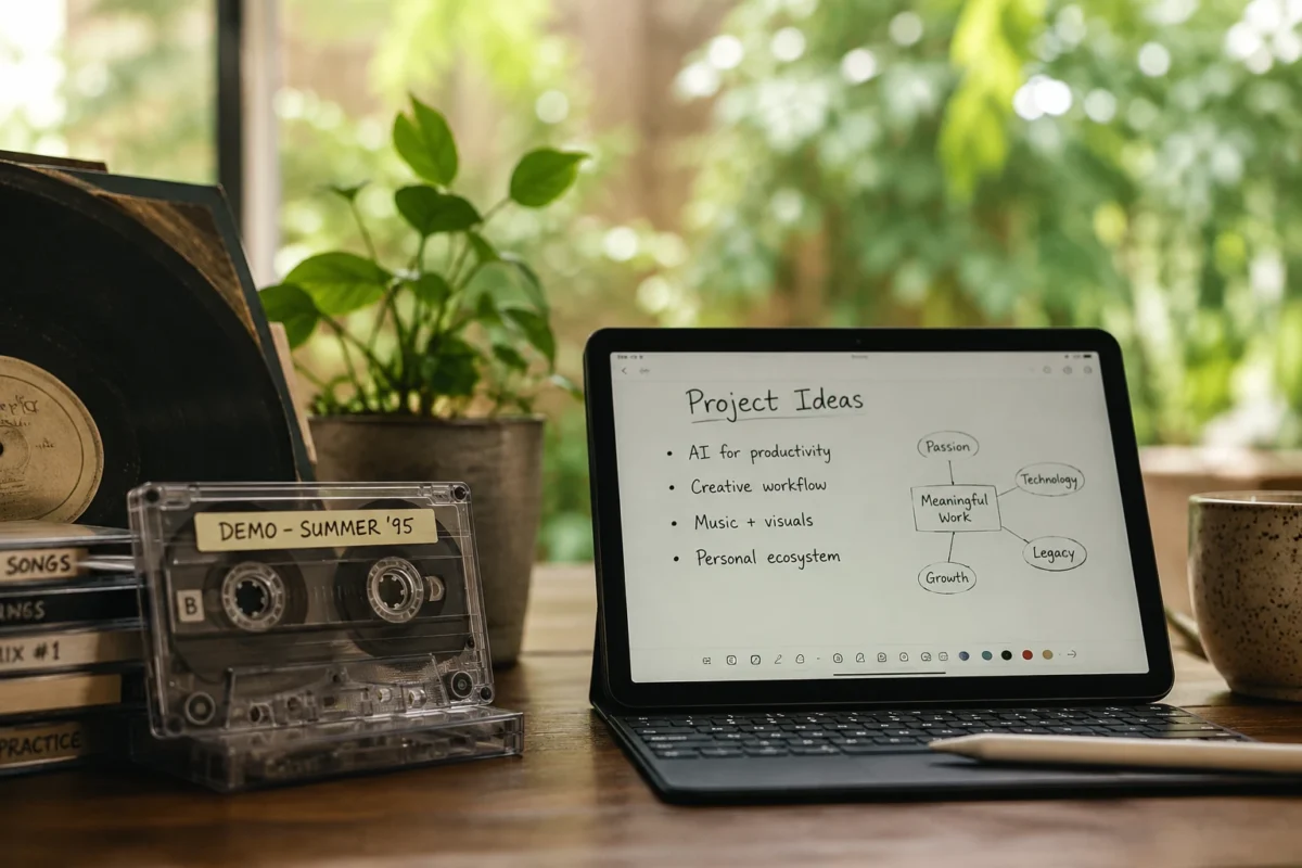 Vintage cassette tape next to a modern tablet amid gentle greenery, symbolising the author’s journey from past creative recordings to AI‑assisted projects.