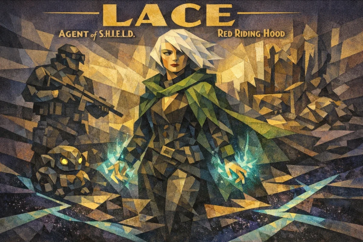 Cubist illustration of a white-haired heroine standing on a fractured, glowing battlefield after a battle, with companions behind her