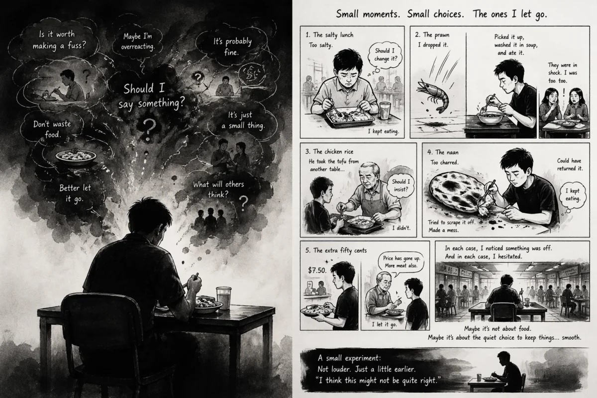 Black-and-white illustration of a man dining alone while surrounded by thought bubbles of hesitation and small everyday decisions, alongside comic-style panels showing moments of uncertainty with food.