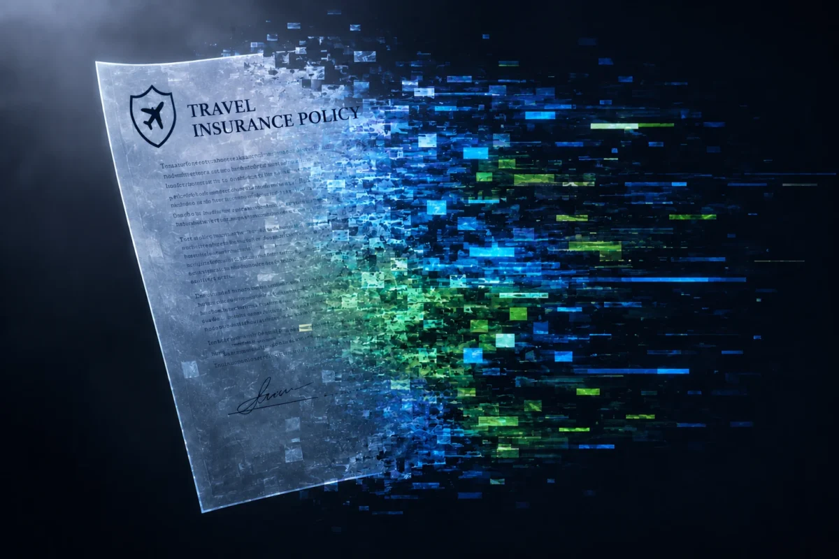 Semi-transparent travel insurance policy dissolving into green and blue digital glitch pixels against a dark background.